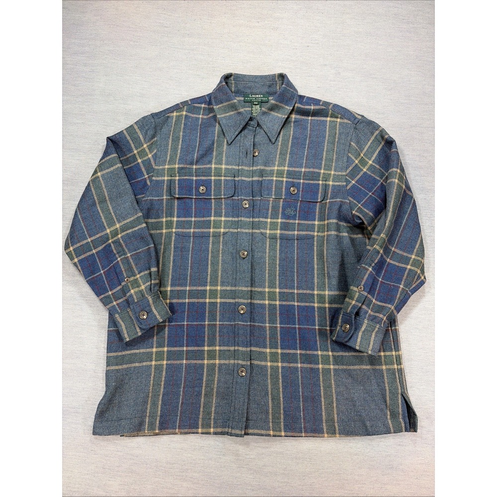 Lauren Ralph Lauren Shirt Womens PM Blue Green Plaid Wool Long Sleeve Button Up